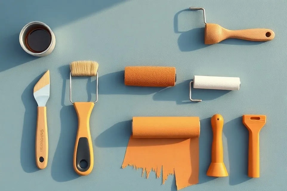 Outils de peinture disposés dans l'ordre des étapes du chantier