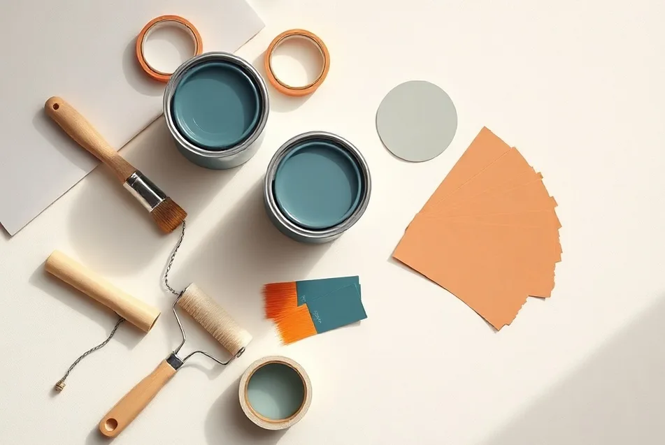 Pots de peinture, nuancier, brosses et rouleaux disposés à plat