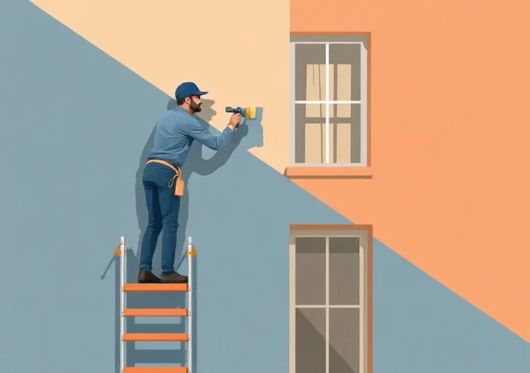 Peintre sur échafaudage traitant la façade d'une maison