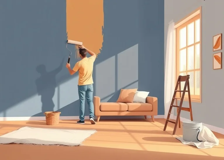 Peintre appliquant la peinture au rouleau sur un mur de salon